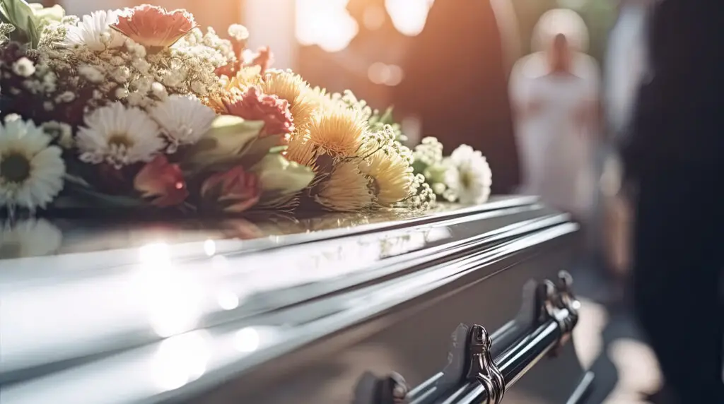 funeral casket with flowers