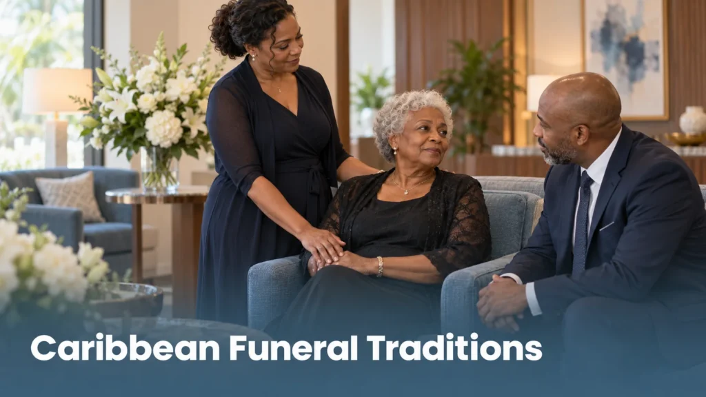 Caribbean Funeral, Family comforting an older woman in a funeral home remembrance room