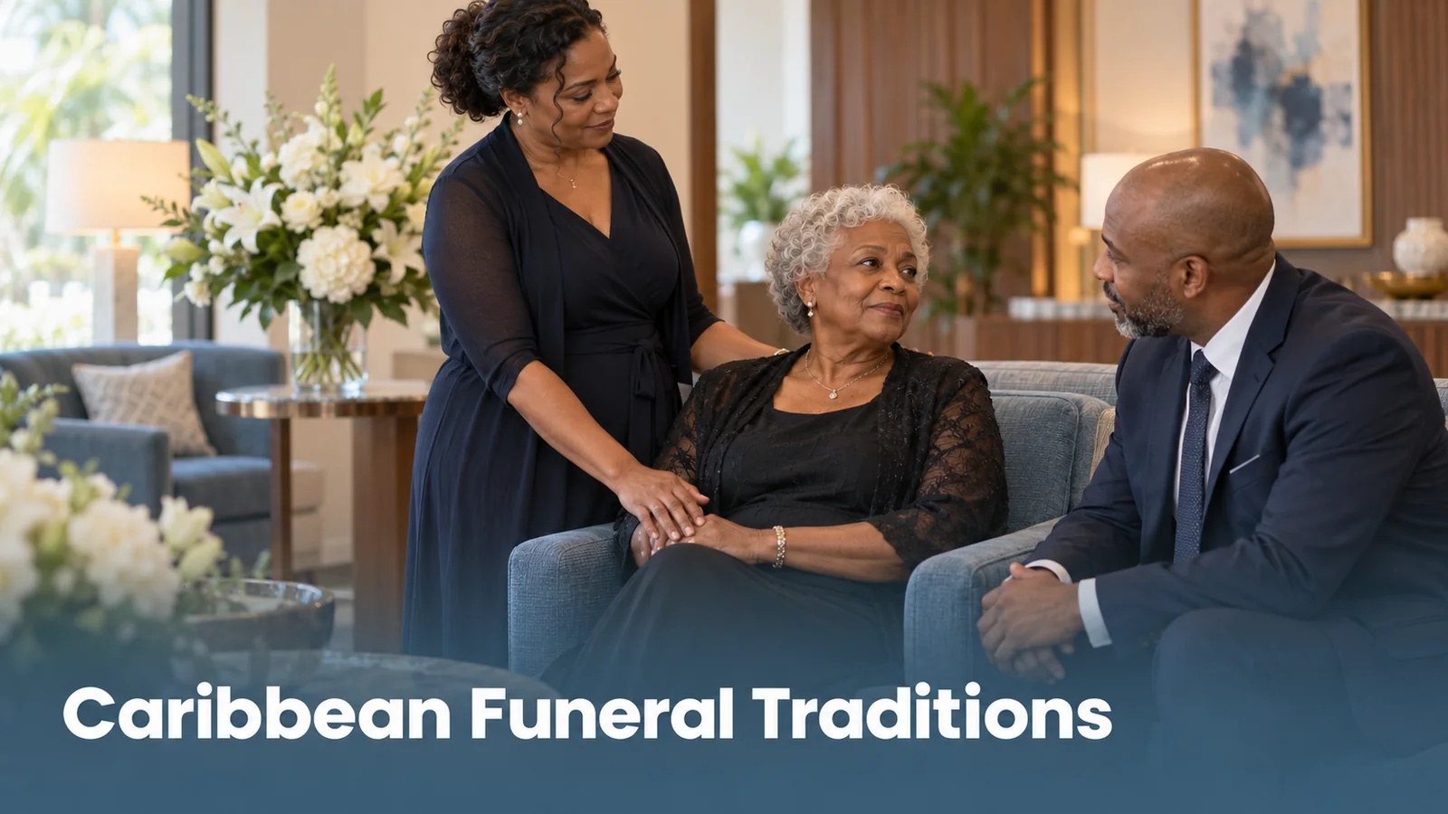 Caribbean Funeral, Family comforting an older woman in a funeral home remembrance room