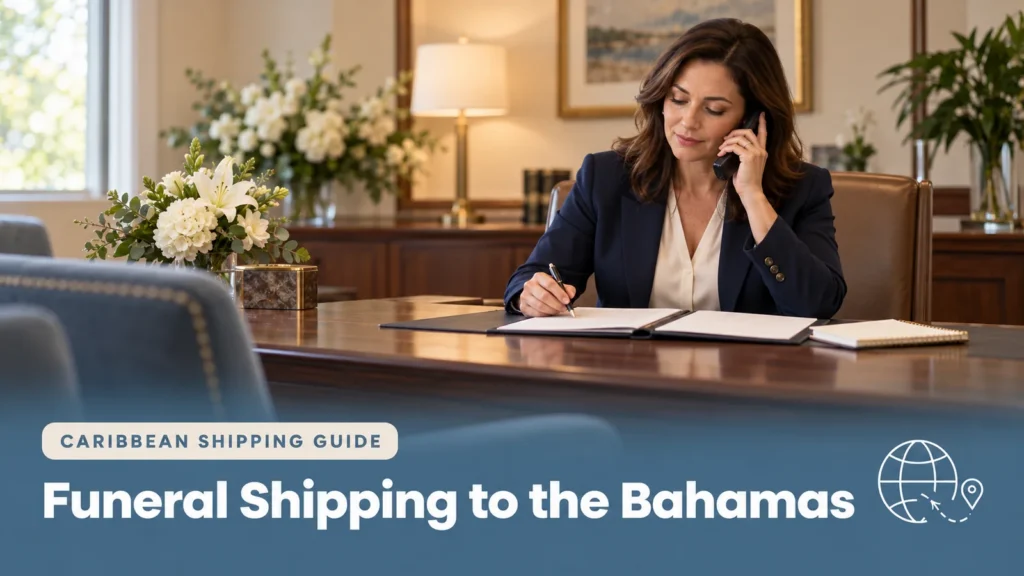 Funeral director reviewing documents and coordinating funeral shipping to the Bahamas by phone.