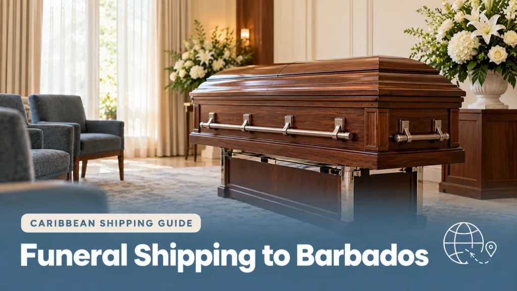 Closed walnut casket beside white flowers in a funeral home, illustrating funeral shipping to Barbados.