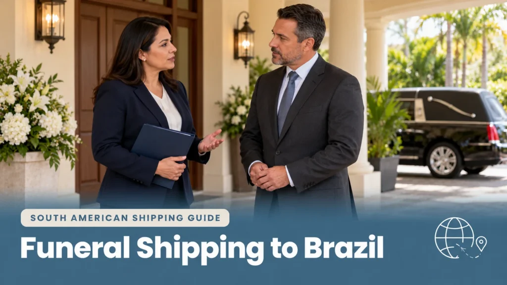 Funeral directors coordinating arrangements outside a funeral home, illustrating funeral shipping to Brazil.