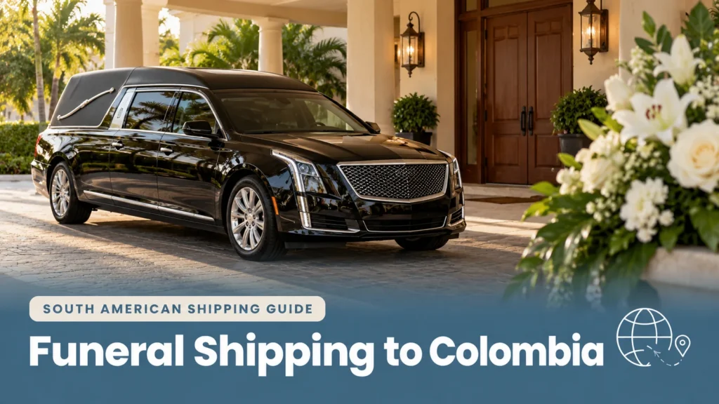 Black hearse outside a funeral home with white flowers, illustrating funeral shipping to Colombia.