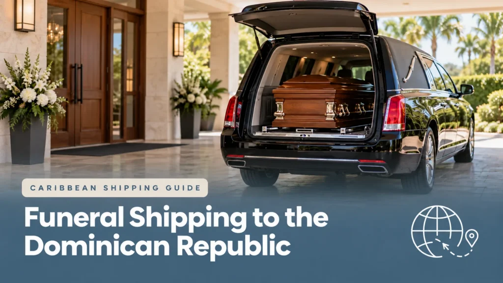 Closed casket inside a hearse outside a funeral home, illustrating funeral shipping to the Dominican Republic.