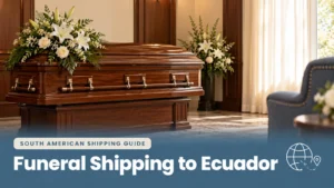 Closed walnut casket with white flowers in a funeral home, illustrating funeral shipping to Ecuador.