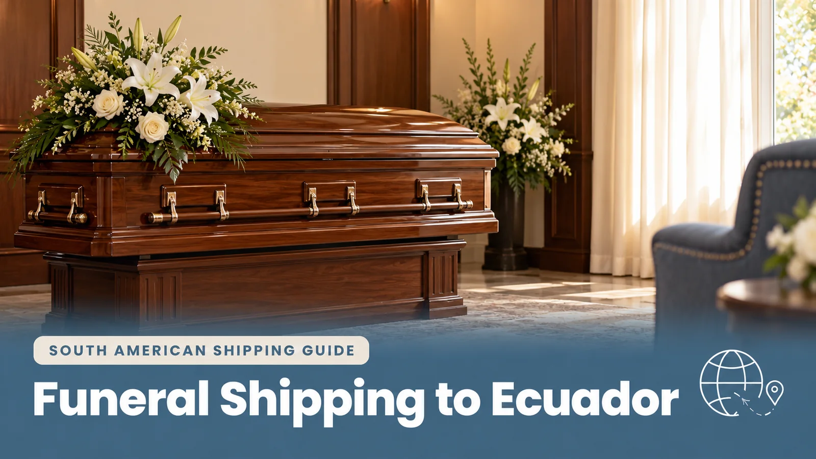 Closed walnut casket with white flowers in a funeral home, illustrating funeral shipping to Ecuador.