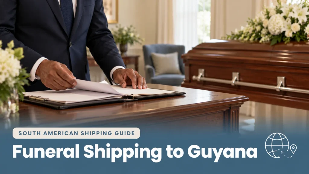 Funeral director reviewing documents beside a closed casket for funeral shipping to Guyana