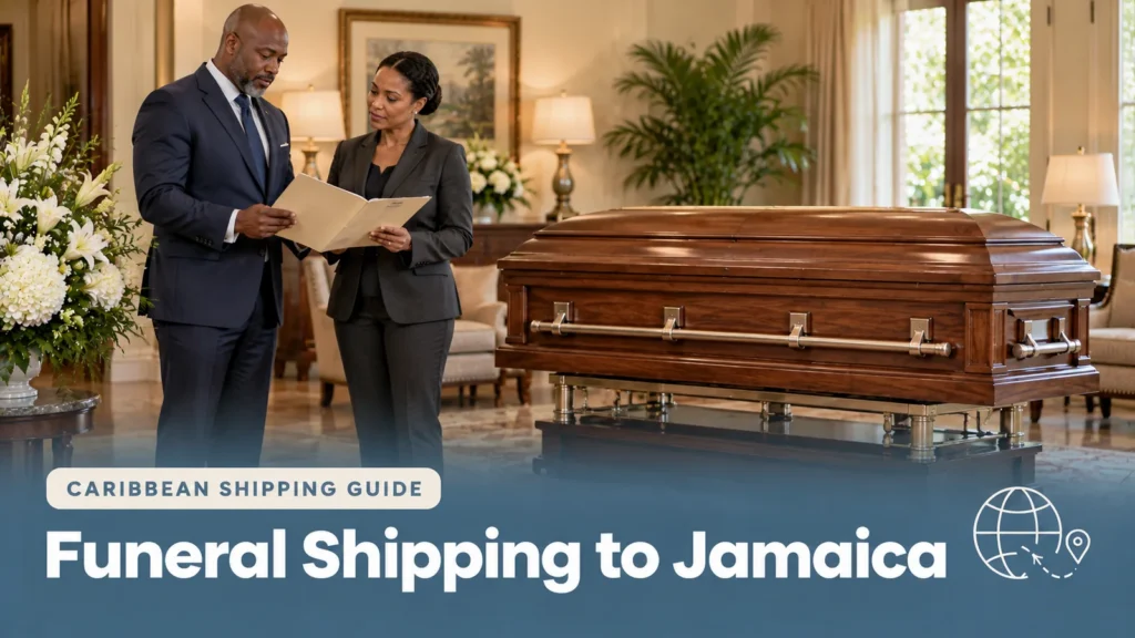 Funeral directors reviewing documents beside a closed casket for funeral shipping to Jamaica.