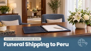 Planning documents and white flowers in a funeral-home consultation room, illustrating funeral shipping to Peru.