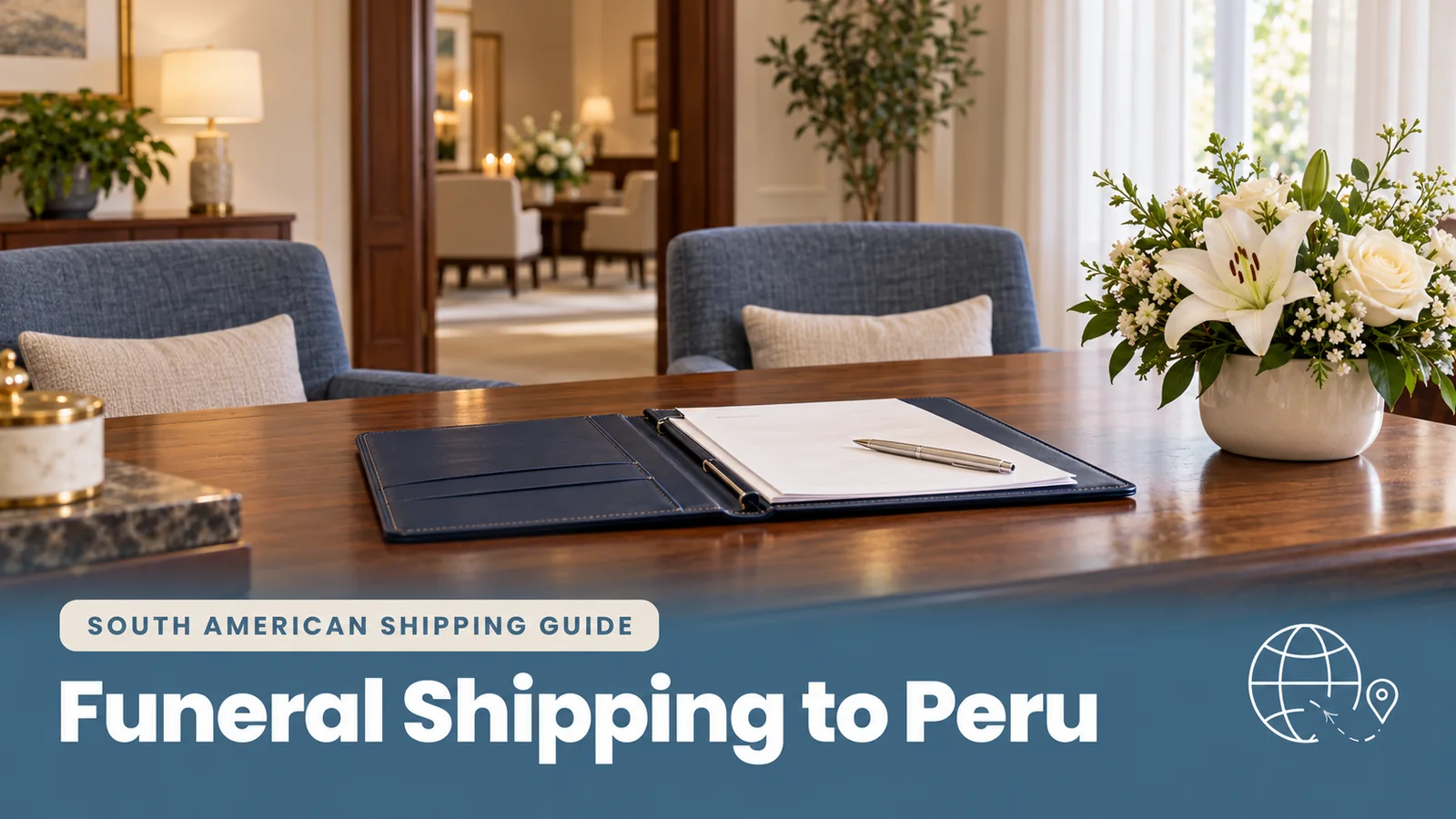 Planning documents and white flowers in a funeral-home consultation room, illustrating funeral shipping to Peru.