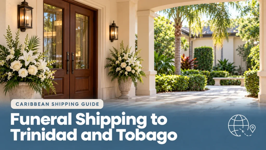 Peaceful funeral-home entrance with white flowers, illustrating funeral shipping to Trinidad and Tobago.