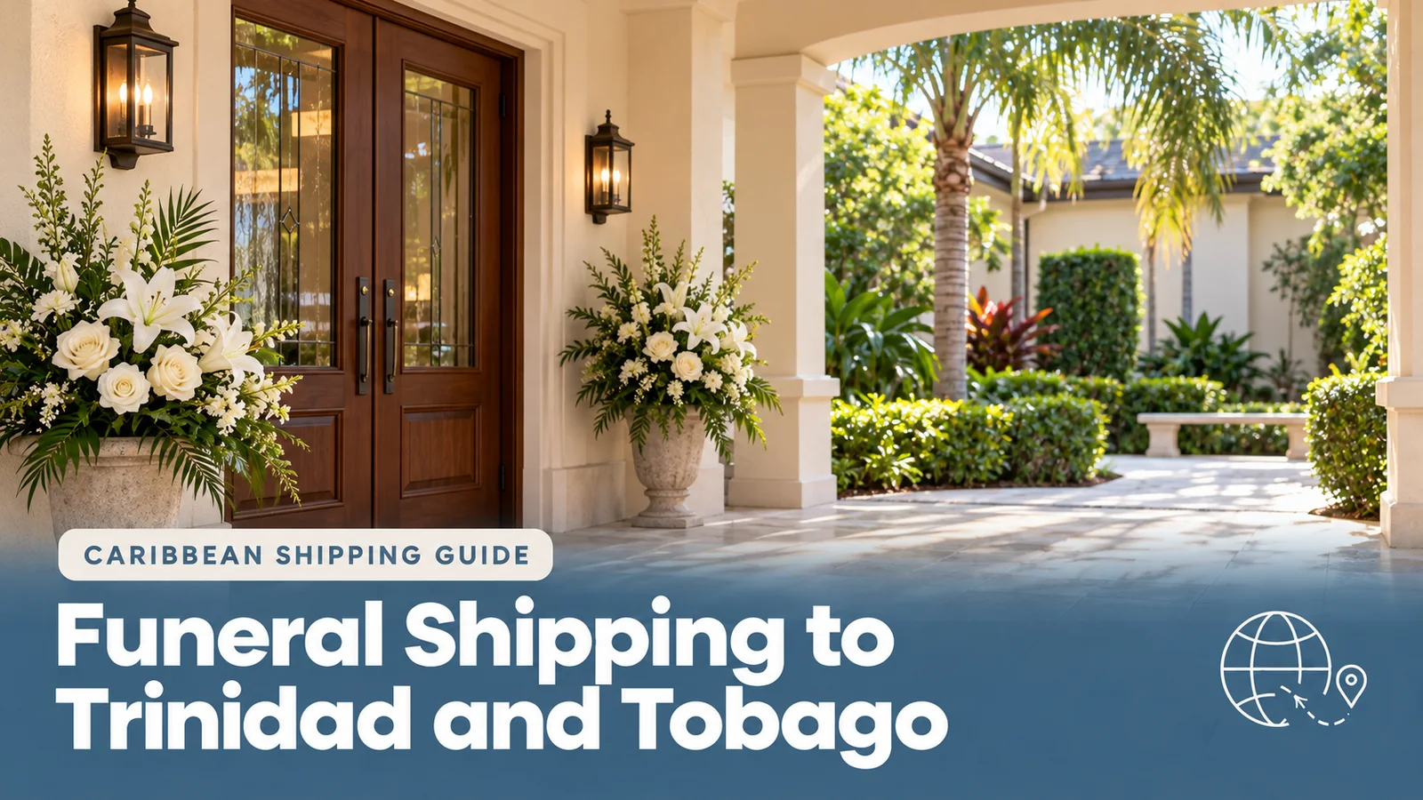 Peaceful funeral-home entrance with white flowers, illustrating funeral shipping to Trinidad and Tobago.