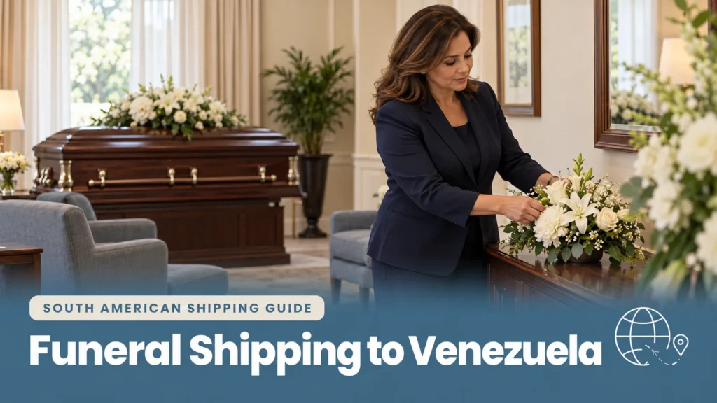 Funeral director arranging white flowers beside a closed casket, illustrating funeral shipping to Venezuela.