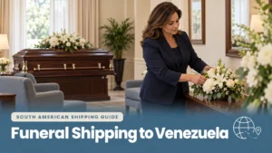 Funeral director arranging white flowers beside a closed casket, illustrating funeral shipping to Venezuela.