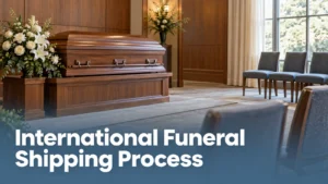 Closed walnut casket with white flowers in a funeral-home chapel, illustrating the international funeral shipping process.