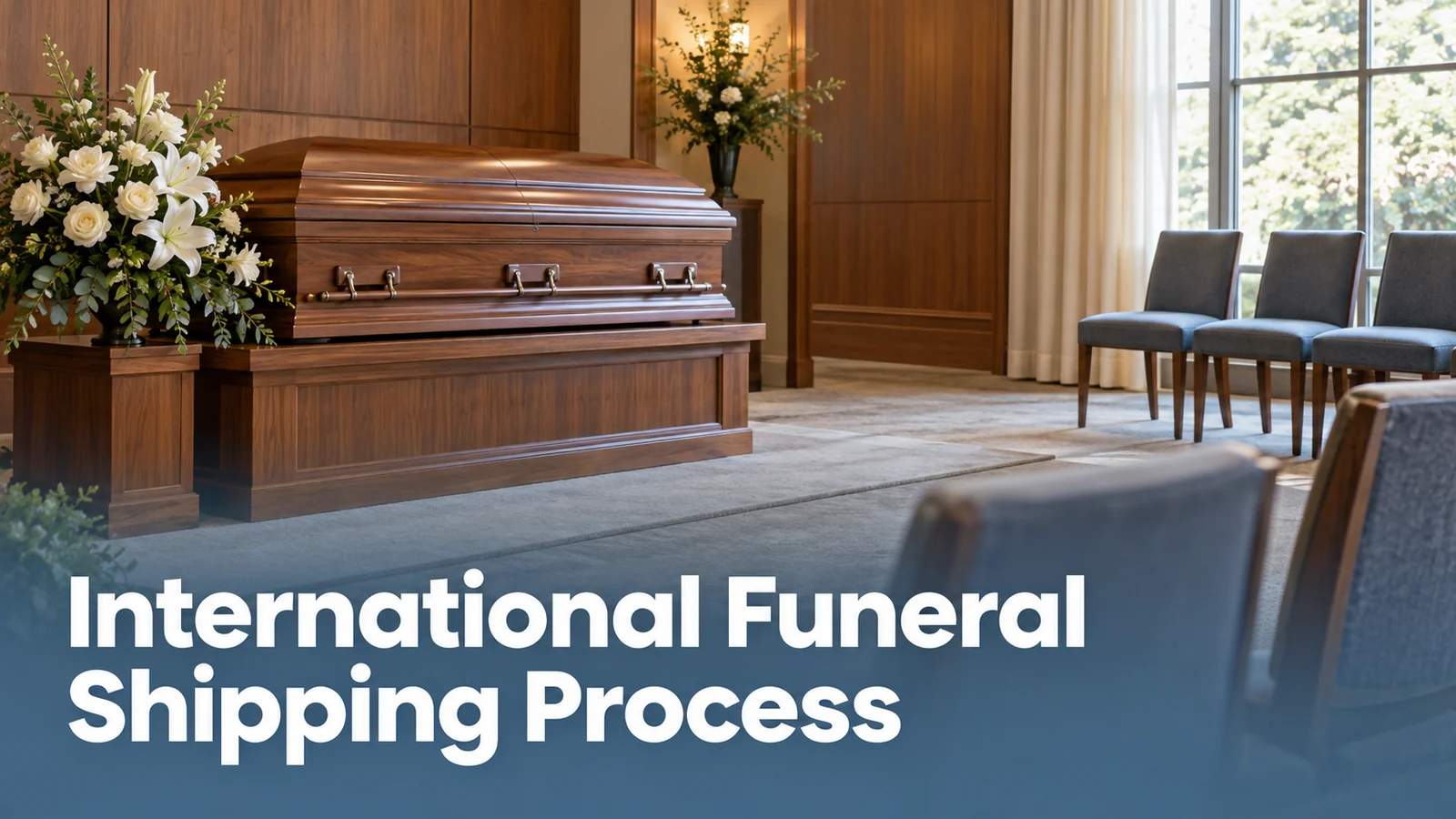 Closed walnut casket with white flowers in a funeral-home chapel, illustrating the international funeral shipping process.
