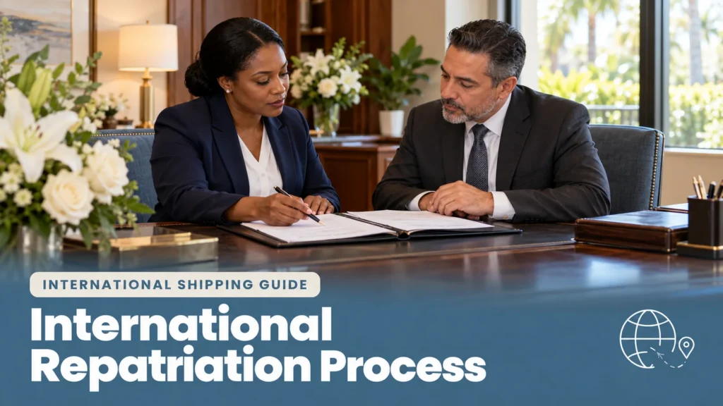 Funeral directors reviewing documents for the international repatriation process in North Miami.